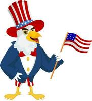 Cartoon character of eagle holding USA flag and wearing Uncle Sam's hat element. vector