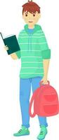 Student boy reading a book holding backpack in standing pose. vector