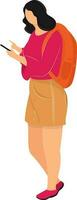 Young woman holding backpack with watching smartphone. vector