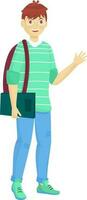 Young boy holding document file with backpack in stylish pose. vector