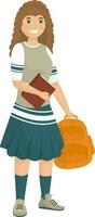 Young student girl holding book with backpack. vector