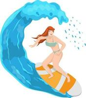 Illustration of surfer woman diving water. vector