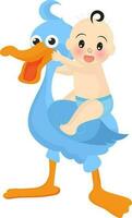 Cute baby sitting on stork toy. vector