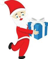 Cartoon Santa Claus holding blue gift box. vector