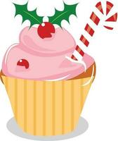 Sweet cupcake with holly berry and candy cane. vector