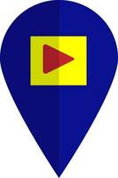 Blue map pointer with red and yellow play button. vector