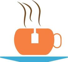 Tea bag in hot orange cup with blue plate. vector