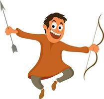 Cartoon boy jumping with bow and arrow. vector