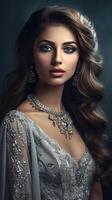 Very Attractive Young Woman Wearing Deep Neck Glittering Grey Suit. Illustration. photo