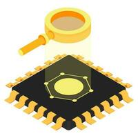 Isometric microchip with magnifying glass icon. vector