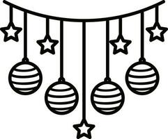 Hanging stars and baubles garland icon in black line art. vector