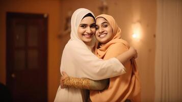 Happy Muslim Women Wearing Hijab at the Room In Hugging Pose at the Blur Room. Illustration. photo