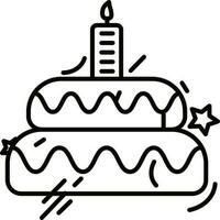 Burning candle on cake icon in black line art. vector