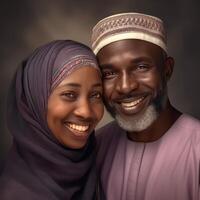 Realistic Portrait of Mid Age Muslim African Couple Wearing Traditional Attire, . photo