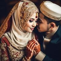 Portrait of Muslim Wedding Couple Wearing Traditional Attire, . photo