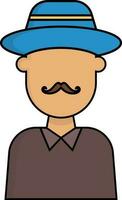 Cartoon mustache man wearing hat icon. vector