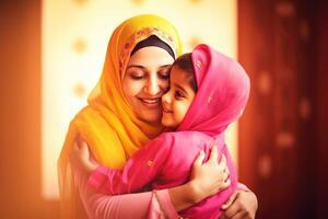 adorable indio musulmán niño abrazando su mamá en hiyab, eid Mubarak concepto. generativo ai. foto