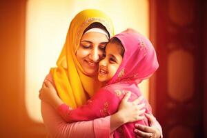 adorable indio musulmán niño abrazando su mamá en hiyab, eid Mubarak concepto. generativo ai. foto