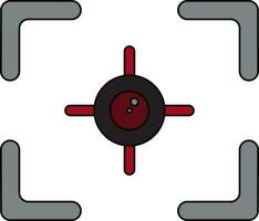 Black line art illustration of a red and black camera focus in grey frame. vector