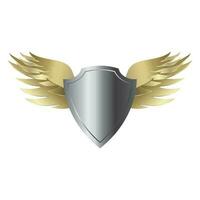 Gray shield with glossy golden wings. vector