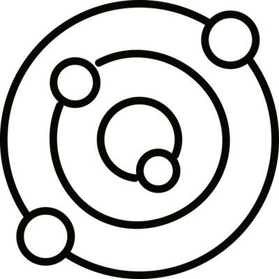 Solar system icon in black line art.