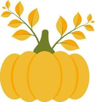 Pumpkin with leaves icon in yellow color. vector