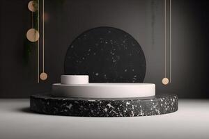 Abstract 3d podium for product presentation with geometric shapes, Black pastel backdrop wall, terrazzo podium, Illustration. photo