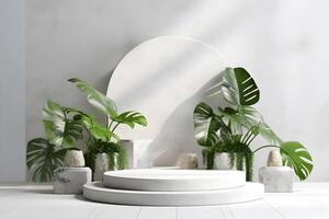 3d render empty space white terrazzo textured podium with monstera leaf house plant. Podium for product shoot. Illustration. photo