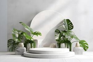 3d hacer vacío espacio blanco terrazo texturizado podio con monstera hoja casa planta. podio para producto disparo. ai generativo ilustración. foto