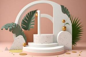 3d render empty space white terrazzo textured podium with monstera leaf house plant. Podium for product shoot. Illustration. photo