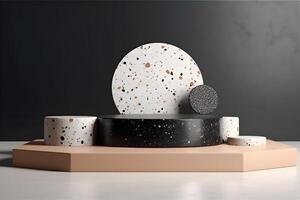 Abstract 3d podium for product presentation with geometric shapes, pastel backdrop wall 3d render image mockup background of terrazzo podium, Illustration. photo