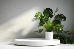 3d hacer vacío espacio blanco terrazo texturizado podio con monstera hoja casa planta. podio para producto disparo. ai generativo ilustración. foto