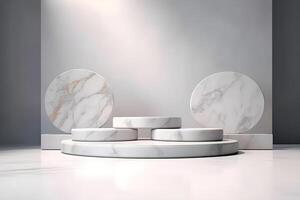 3d render empty space white marble texture podium. Podium for product shoot. Illustration. photo