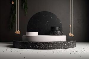 Abstract 3d podium for product presentation with geometric shapes, Black pastel backdrop wall, terrazzo podium, Illustration. photo