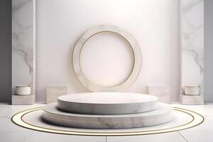 3d render empty space white marble texture podium. Podium for product shoot. Illustration. photo