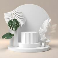 3d render empty space white terrazzo textured podium with monstera leaf house plant. Podium for product shoot. Illustration. photo