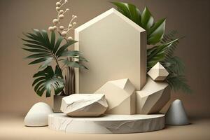 3d render empty space white marble textured podium with monstera leaf house plant. Podium for product shoot. Illustration. photo