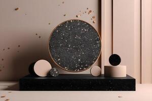 Abstract 3d podium for product presentation with geometric shapes, Black pastel backdrop wall, terrazzo podium, Illustration. photo