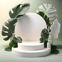 3d render empty space white terrazzo textured podium with monstera leaf house plant. Podium for product shoot. Illustration. photo