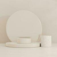 Brown and white pastel backdrop wall 3d render image mockup background of terrazzo podium in the circle. photo