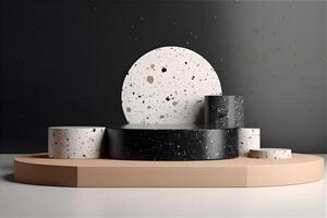 Abstract 3d podium for product presentation with geometric shapes, Black pastel backdrop wall, terrazzo podium, Illustration. photo