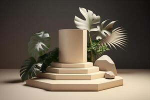 3d render empty space white terrazzo textured podium with monstera leaf house plant. Podium for product shoot. Illustration. photo