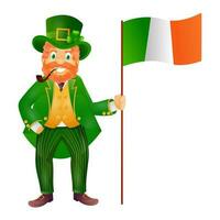 Leprechaun man holding Irish flag on white background. vector
