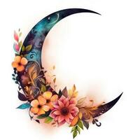 Beautiful Floral Decorated Crescent Moon on White Background, Eid Mubarak Concept. photo