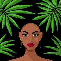 hermosa africano negro mujer en follaje, retrato, vector ilustración, pecas rostro, impresión