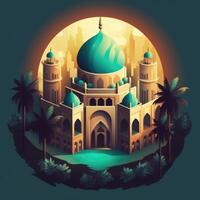 mezquita ilustración y Dom naturaleza paisaje en fondo, eid Mubarak concepto, generativo ai. foto