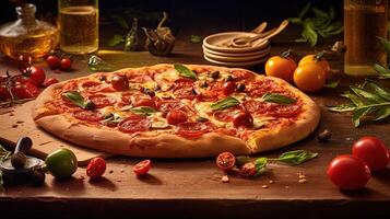 Top View of Cravings Mediterranean Salami Pizza with Fruits and Leaves on Rustic Wooden Table. . photo