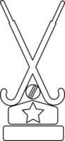 Cross hockey sticks with ball in line art illustration. vector