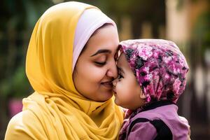 Close View of Islamic Young Mother Loving Her Child Against Blur Nature Background. Illustration. photo