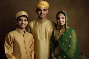 realista retrato de musulmán familia vistiendo tradicional atuendo durante eid celebracion, generativo ai. foto